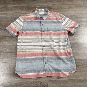 Gramicci Men's Shirt Short Sleeve Stripes Hemp Blend‎ Size L Blue/Beige/Red